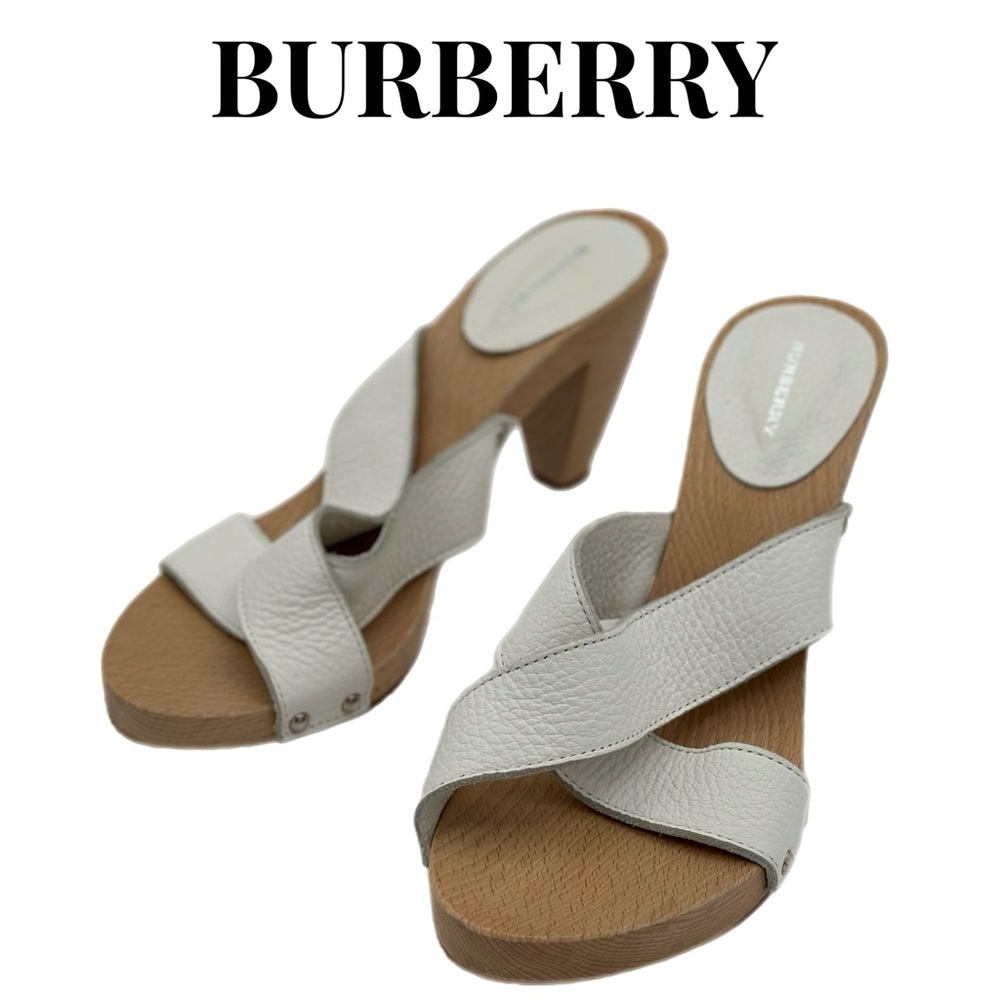 Burberry White Pebble Leather Crisscross Wooden Sandals | Size 39